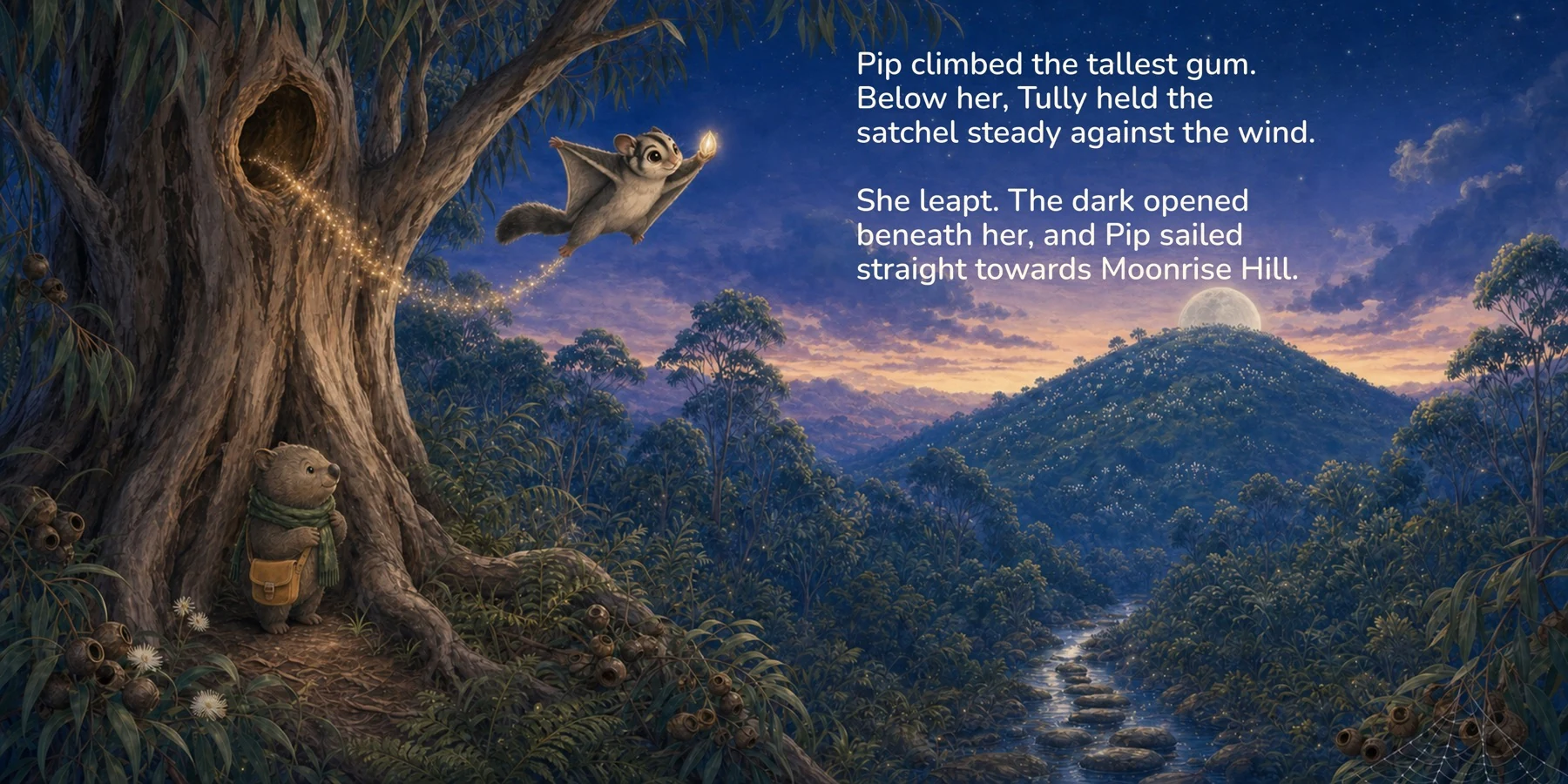 Pip glides above the forest in a different pose and composition.