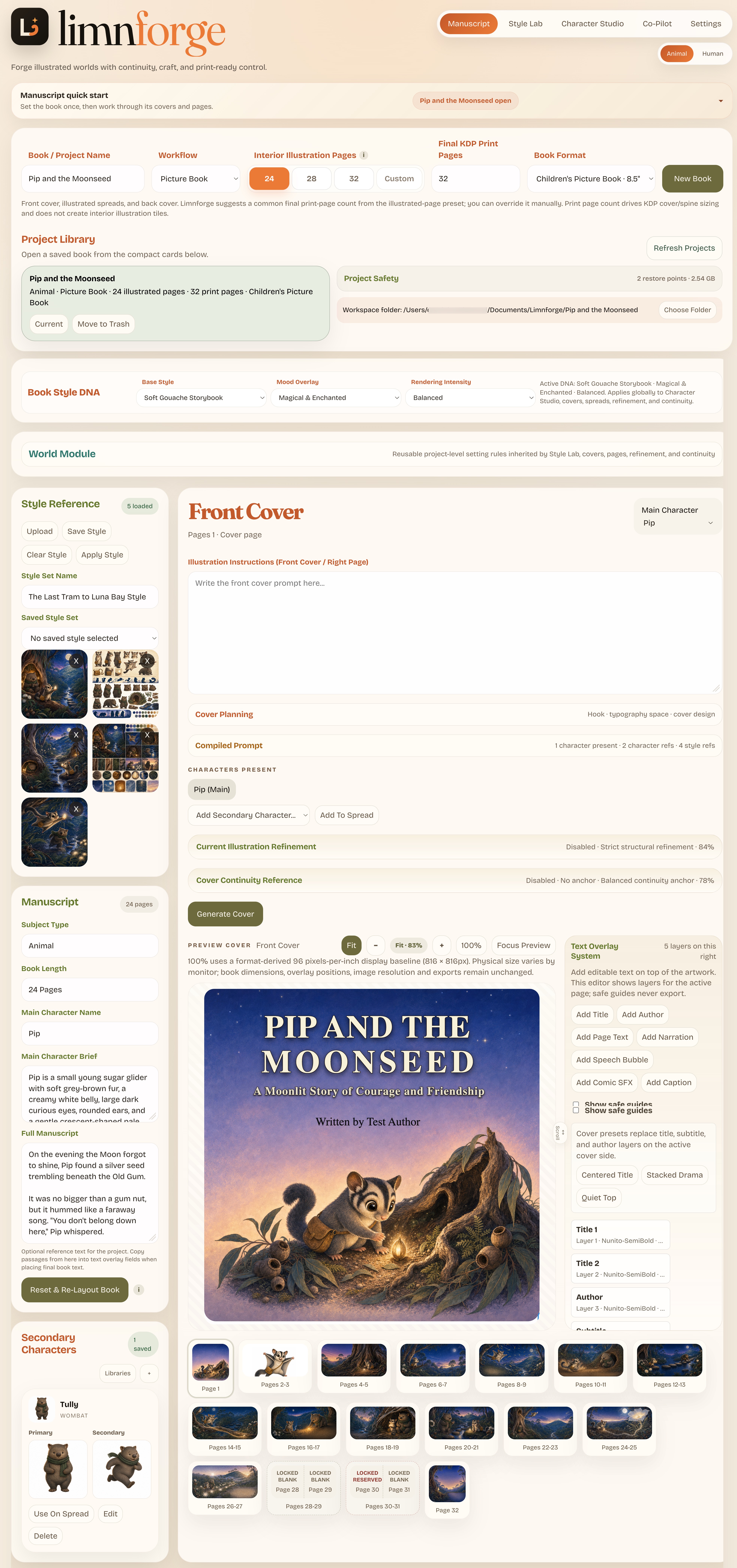Limnforge Manuscript workspace showing project setup, book style DNA, cover planning, and page previews