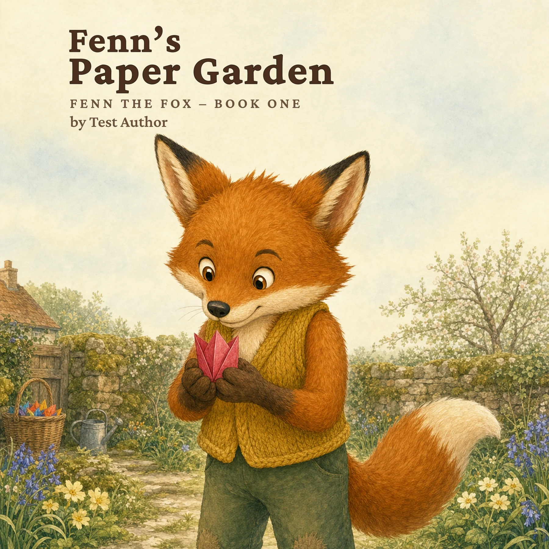 Illustrated cover for Fenn’s Paper Garden, showing Fenn the fox holding a paper flower