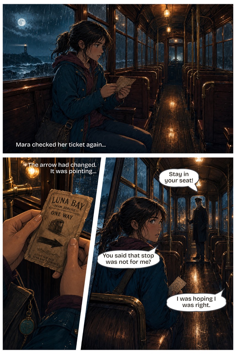 Mara checks her ticket inside the night tram, with close-up panels and speech bubbles
