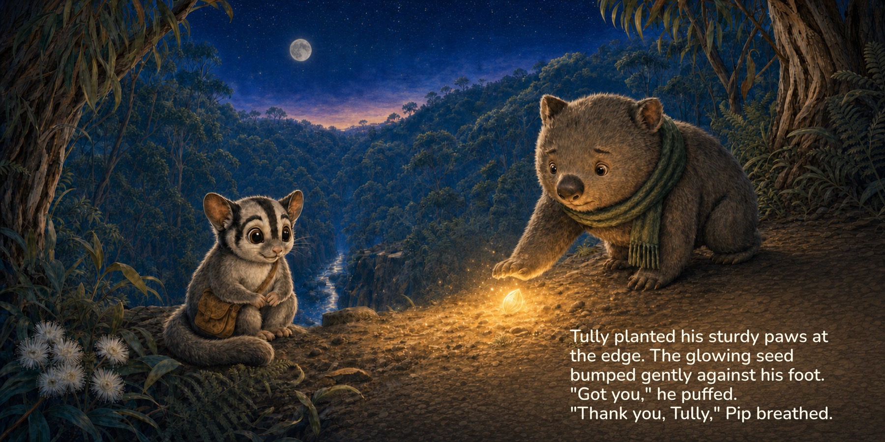 Pip and Tully examine a glowing seed beside a woodland burrow, from Pip and the Moonseed